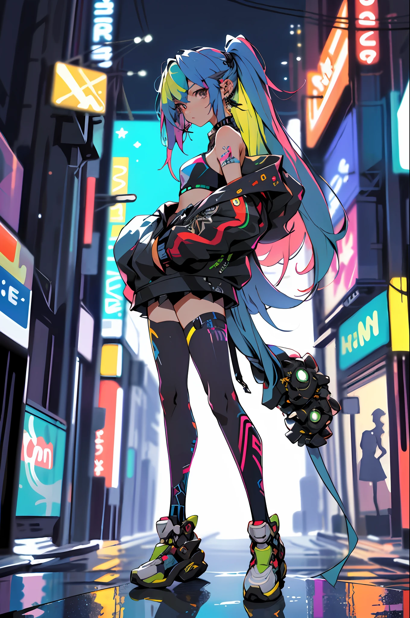 (chef-d&#39;œuvre, Meilleure qualité, Haute qualité, haute résolution, ultra-détaillé),  fille de style cyber, 1fille,  seulement, en boîte de nuit ,bar, Épaules nues, mecha, cyberpunk, dos,par derrière,tout le corps, casser, cheveux arc-en-ciel,cheveux longs,