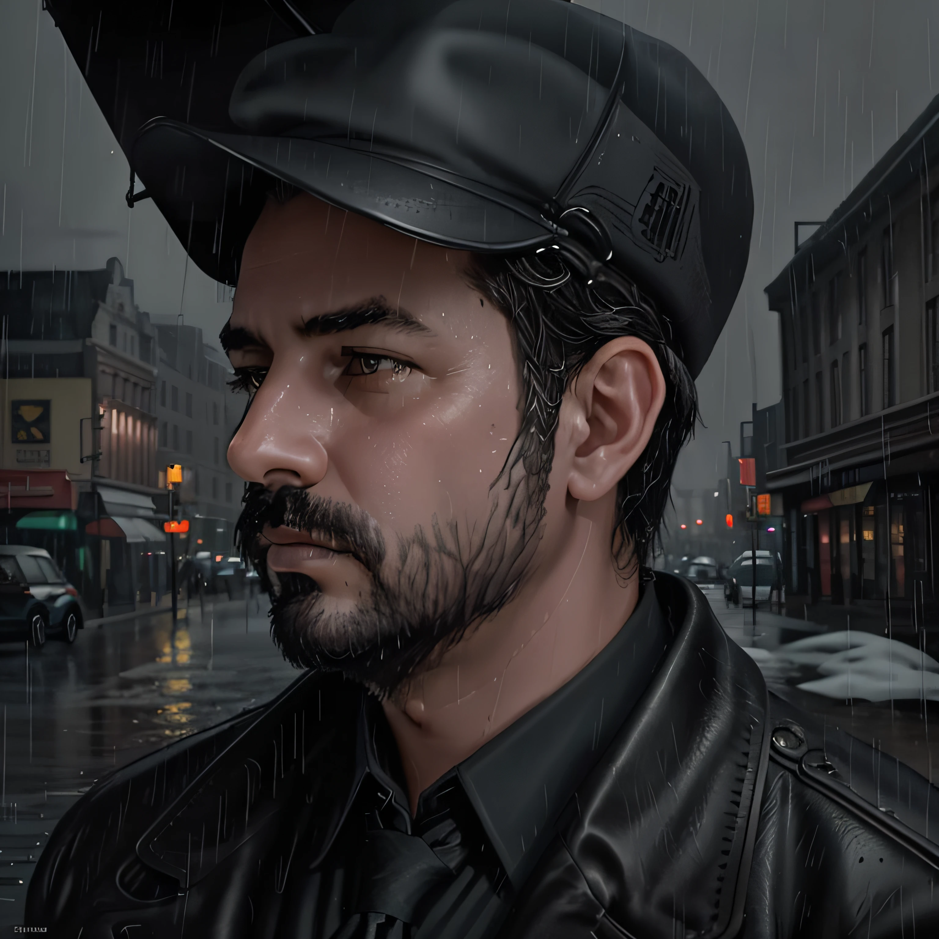 (masterpiece,best quality: 1.2), ultra-detailed face, (muted colours:1.2, dark studio, rim lighting, two tone lighting, dimly lit, low key,  ), ((heavy rain weather)),long leather rain coat,
 a poster for a 1930s \(style\),  noir detective movie,(noir atmosphere:1), gloomy atmosphere,night city street, emphasis on noir colors,
New York in the 1930s, and Detective Jack Sullivan  just returned to his office after a long day of pounding the pavement, trying to solve the latest case that had been thrown his way. It was a tough one, and he was no closer to finding the perpetrator than he was when he started,
trending on ArtStation, trending on CGSociety, Intricate, High Detail, dramatic, photorealistic painting art by midjourney and greg rutkowski,