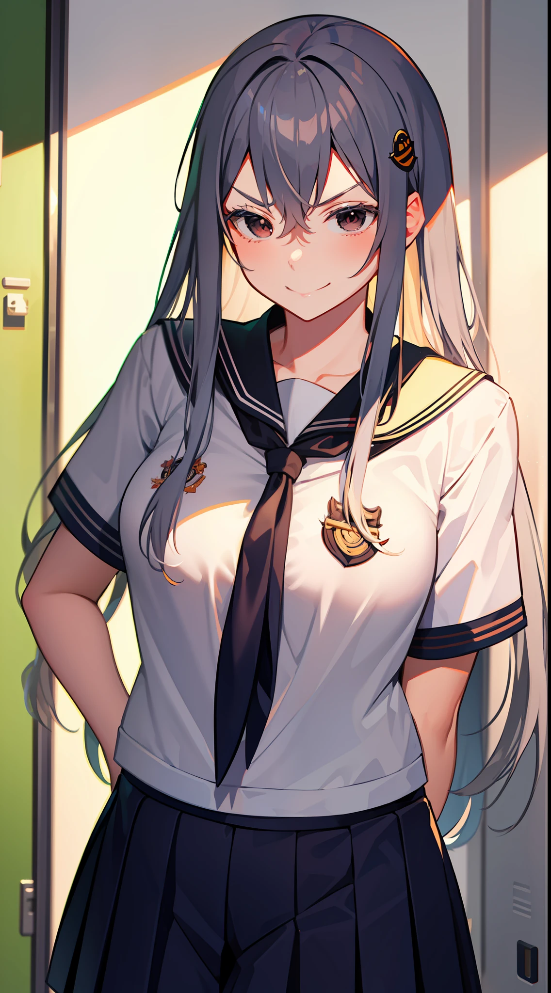 school sailor uniform, at school, near lockers, arrogant expression, domineering smile, masterpiece, best quality