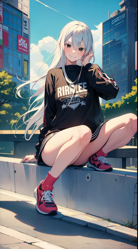 skater outfit, city, tokyo, sunny, arrogant expression, domineering smile, masterpiece, best quality