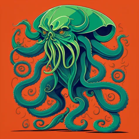 high-quality line-art t-shirt design showcasing the full render of the elder god cthulhu, featuring bold outlines and vibrant co...