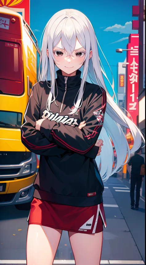skater outfit, city, tokyo, sunny, arrogant expression, domineering smile, masterpiece, best quality, silver hair