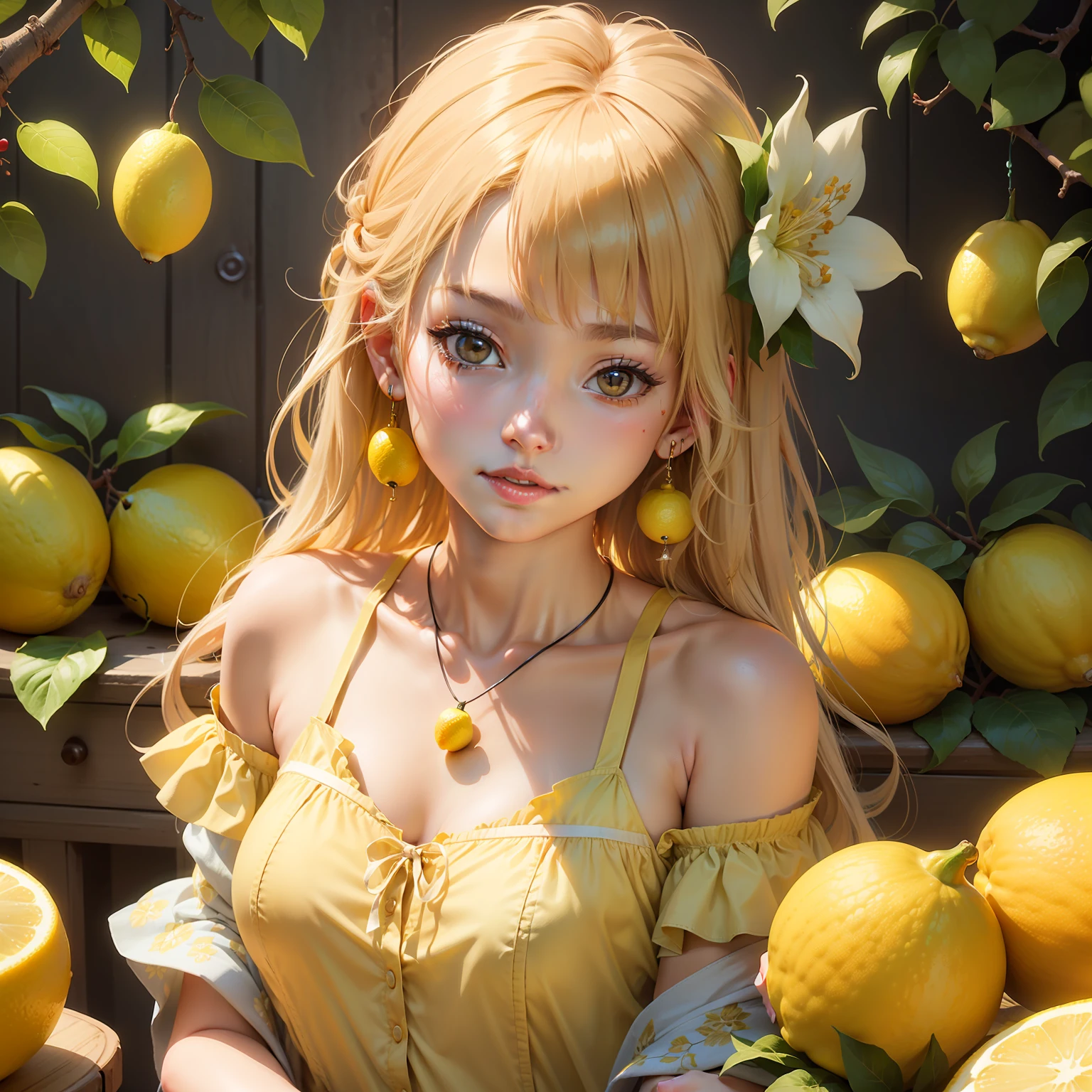 Anime girl with long blonde hair and yellow dress surrounded by lemons -  SeaArt AI