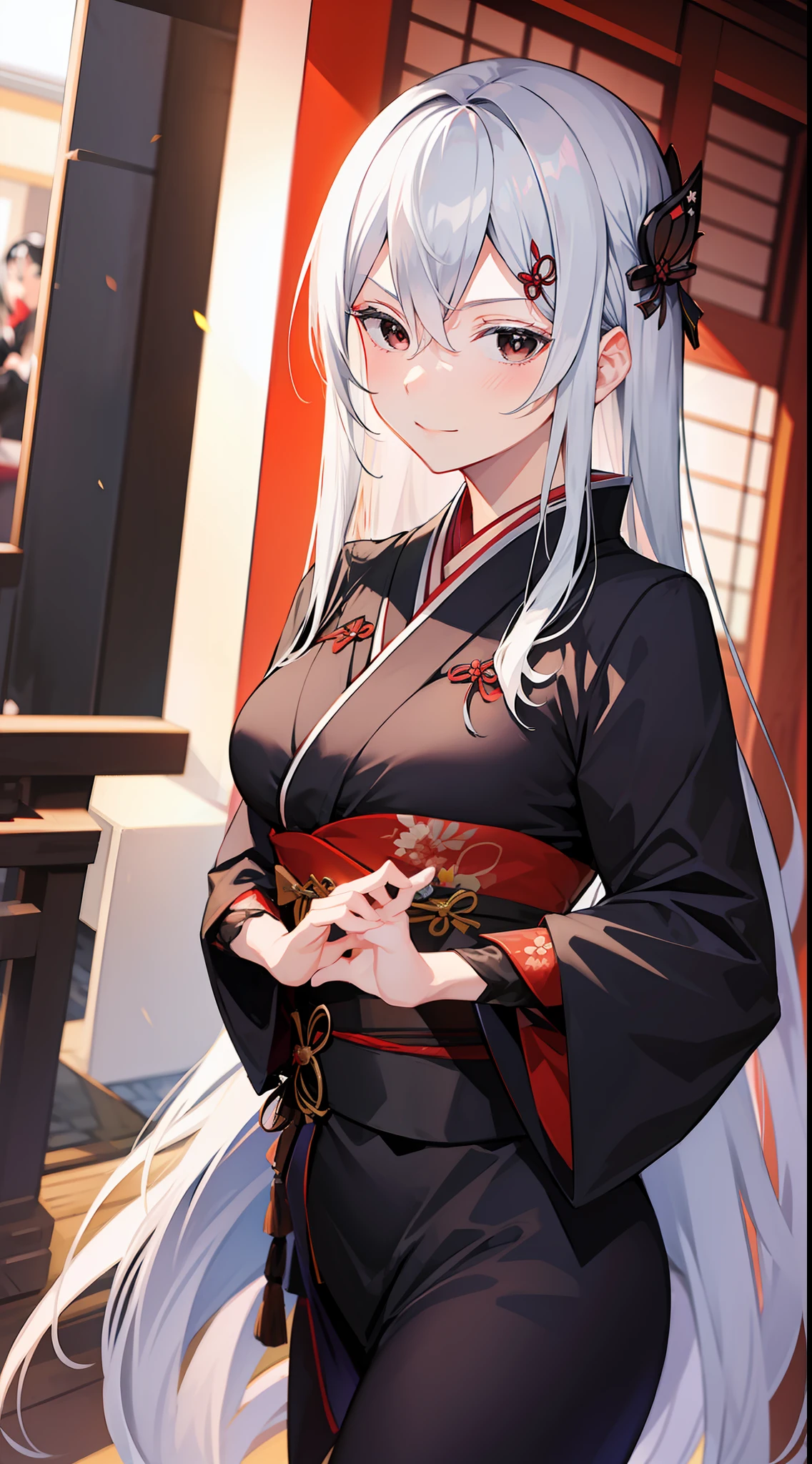 dark kimono, at japanese festival, arrogant expression, domineering smile, masterpiece, best quality, silver hair