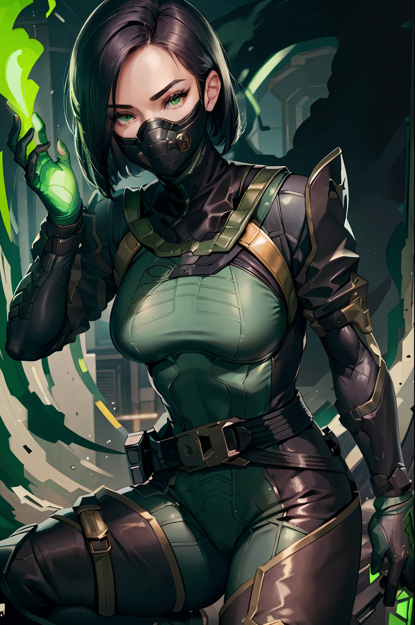 masterpiece, best quality, valorantViper, bodysuit, gloves, belt, thigh boots, respirator, looking at viewer, face, portrait, close-up, glowing eyes, green smoke, black background