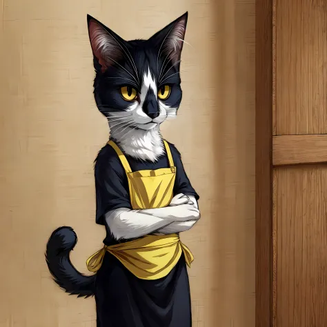 Leo, a black and white cat, wearing yellow apron, standing upright, looking sad, anime style, anthropomorphic features,