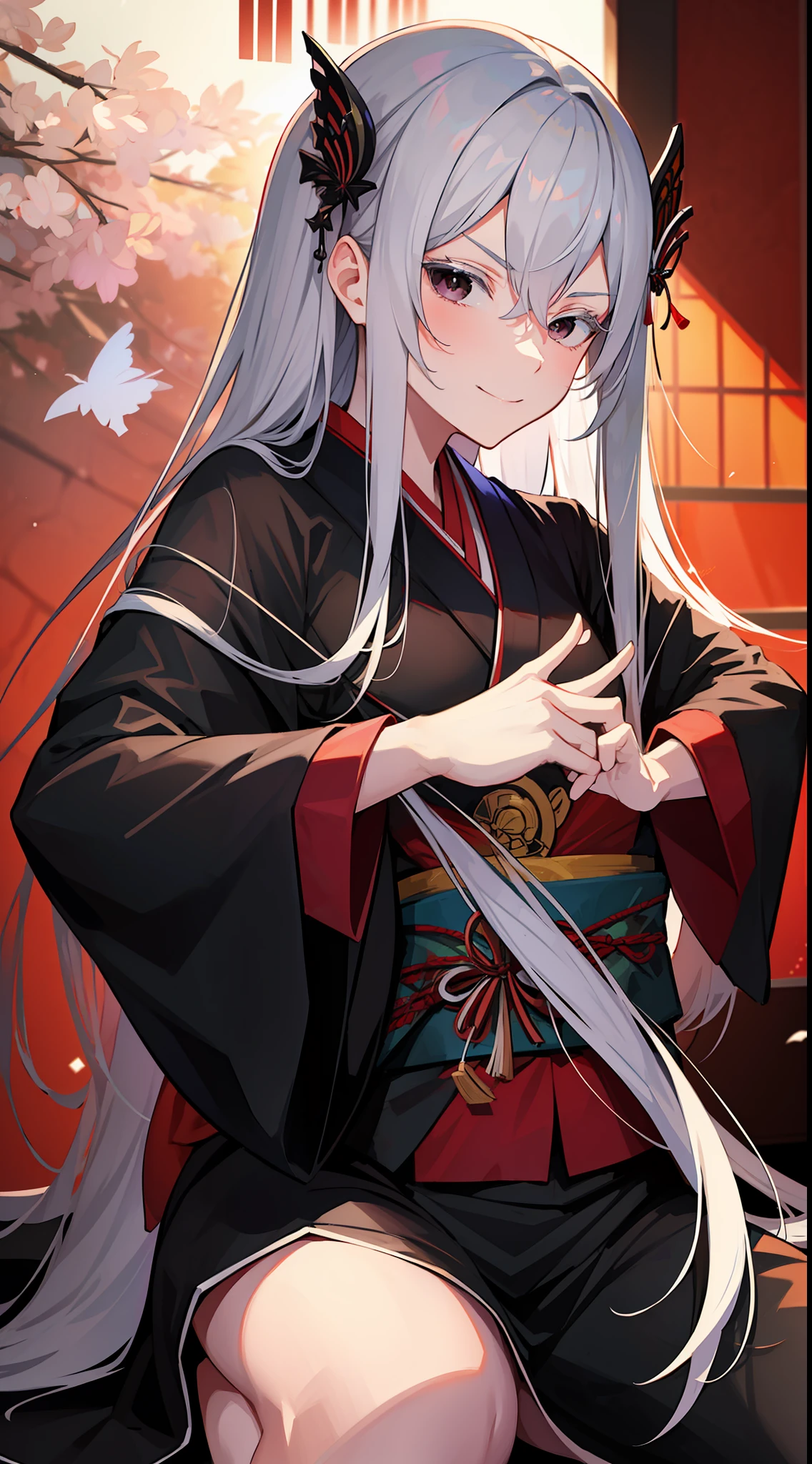 dark kimono, at japanese festival, arrogant expression, domineering smile, masterpiece, best quality, silver hair, black eyes