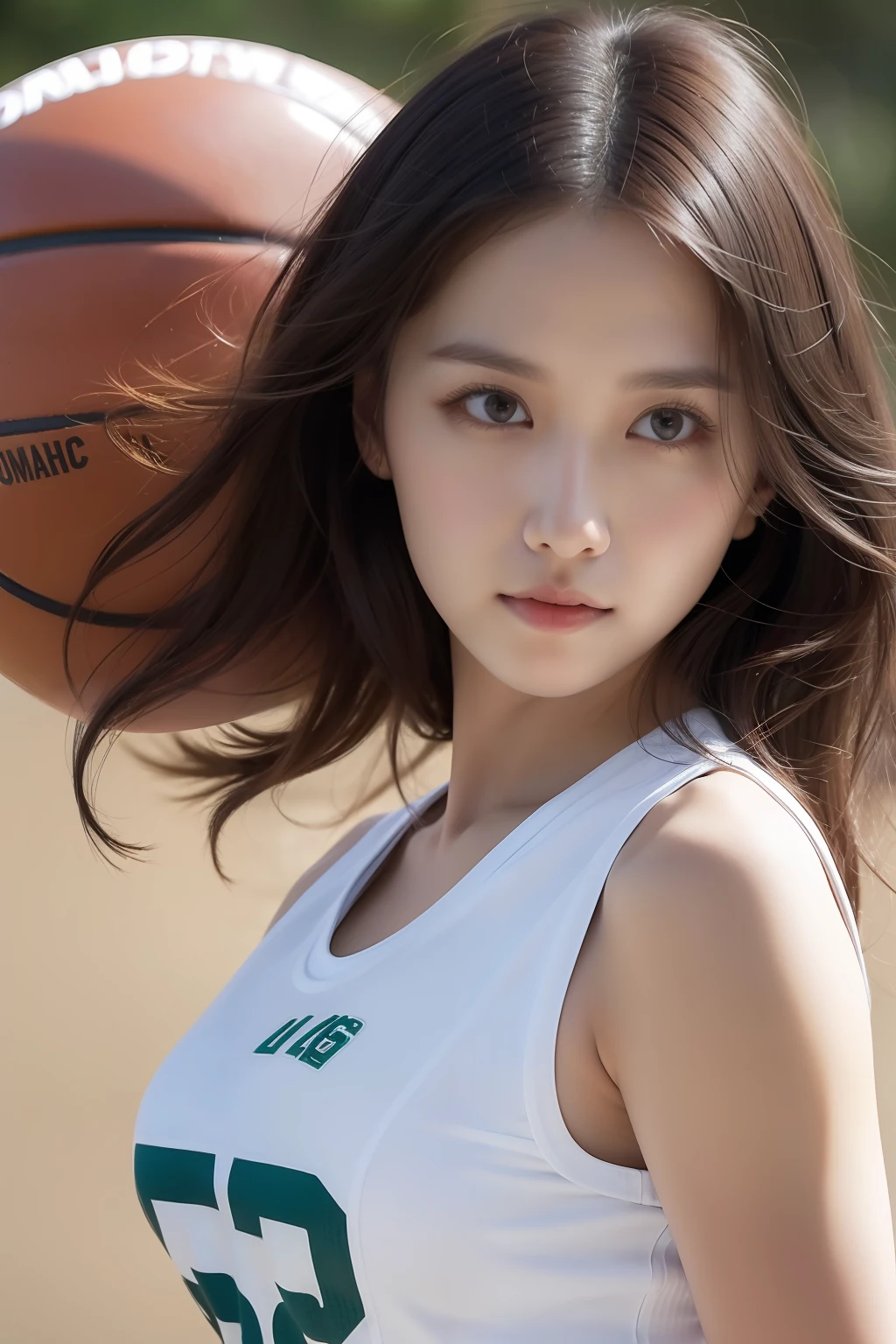 (8k, Best Quality, Masterpiece: 1.2), (Realistic, Realistic: 1.37), Ultra Detailed, Best Quality, Ultra High Resolution, Professional Lighting, Photon Mapping, Radiosity, Physically Based Rendering, Cinematic Lighting, Basketball court, depth of field, clear focus, sunlight, good composition, (bokeh: 1.2) 1girl, solo, (full body), (closed mouth), beautiful and detailed eyes, pose, narrow waist, basketball uniform, black hair , messy hair, long hair blowing in the wind, (ulzzang-6500:1.2) mix4, hiqcgbody