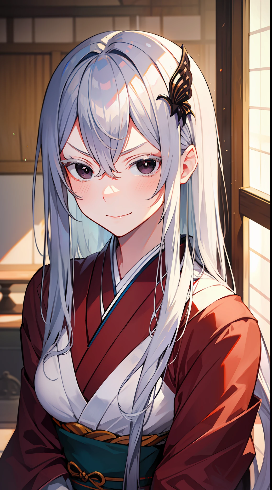 white kimono, at japanese festival, arrogant expression, domineering smile, masterpiece, best quality, silver hair, black eyes