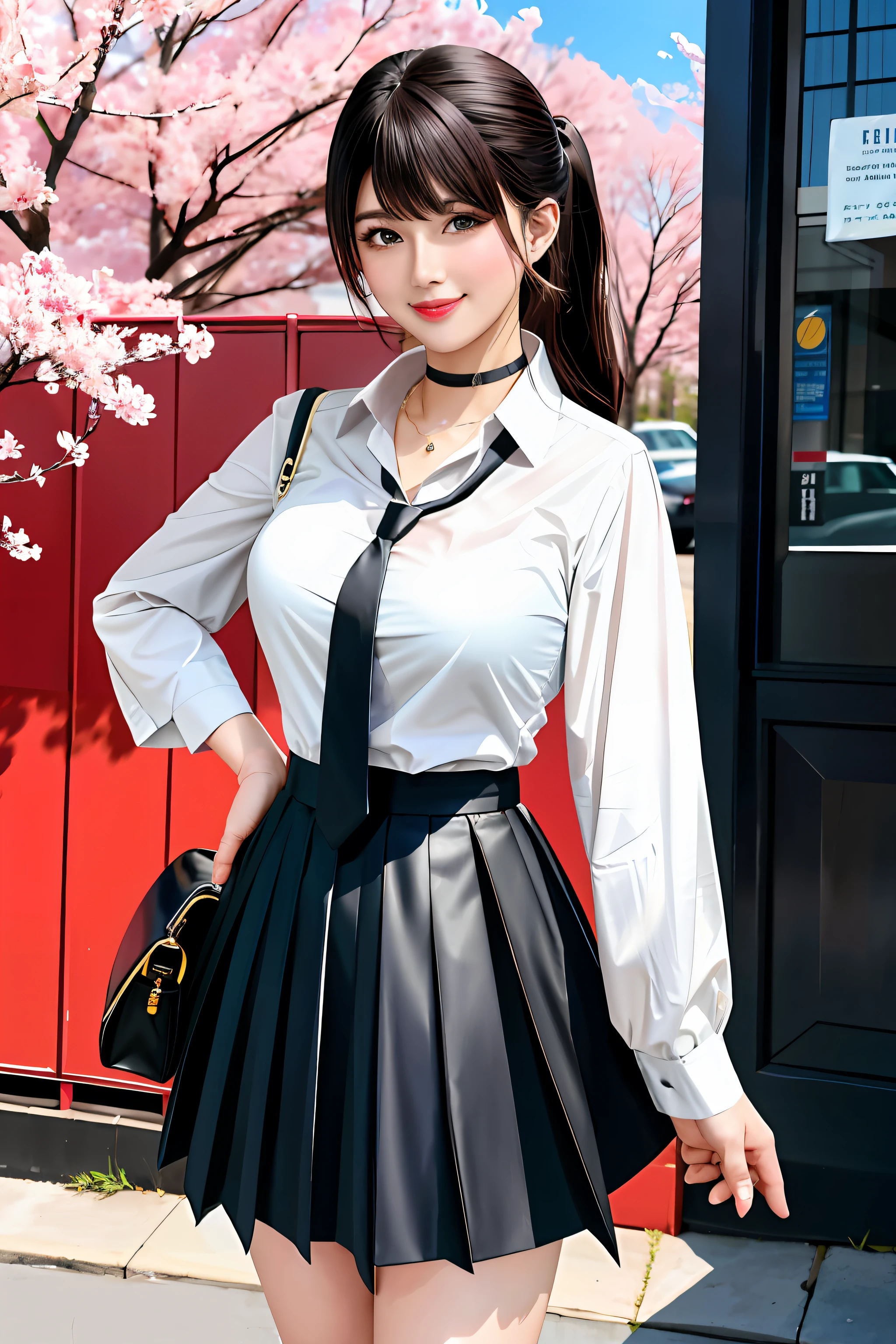 masterpiece, best quality, full body, 1girl, bangs, black choker, black necktie, black hair, blue skirt, blush, bracelet, breasts, choker, clothes around waist, collarbone, collared shirt, cowboy shot, dress shirt, ear piercing, eyebrows visible through hair, gradient hair, grin, gyaru, jewelry, kogal, long hair, looking at viewer, loose necktie, necktie, piercing, plaid, plaid skirt, pleated skirt, red eyes, ring, school uniform, shirt, skirt, smile, solo, white shirt, street, sky, cherry blossoms, petals,illustration, (magazine:1.3), (cover-style:1.3), fashionable, woman, vibrant, outfit, posing, front, colorful, dynamic, background, elements, confident, expression, holding, statement, accessory, majestic, coiled, around, touch, scene, text, cover, bold, attention-grabbing, title, stylish, font, catchy, headline, larger, striking, modern, trendy, focus, fashion,