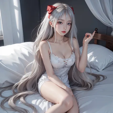 (masterpiece:1.1), (detailed:1.1), ((1girl)), (8k), medium breasts, anime girl with long silver hair laying on a bed, perfect pl...