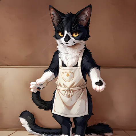 Leo, a black and white cat, wearing only a yellow apron, standing upright, looking annoyed, anthropomorphic features, cute paws for hands, by hioshiru