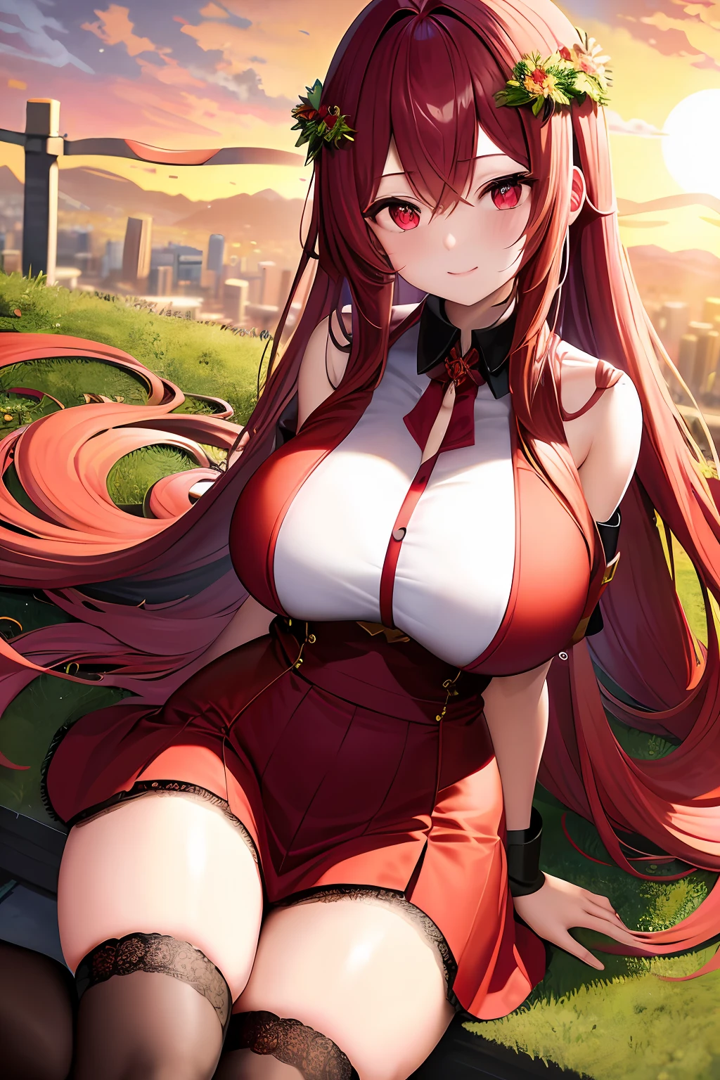 red pupils，The expression is cold，Claret long hair，Dull hair，1个Giant Breast Girl，ssmile，Lace wreath on the legs，setting sun，flame，in a panoramic view，