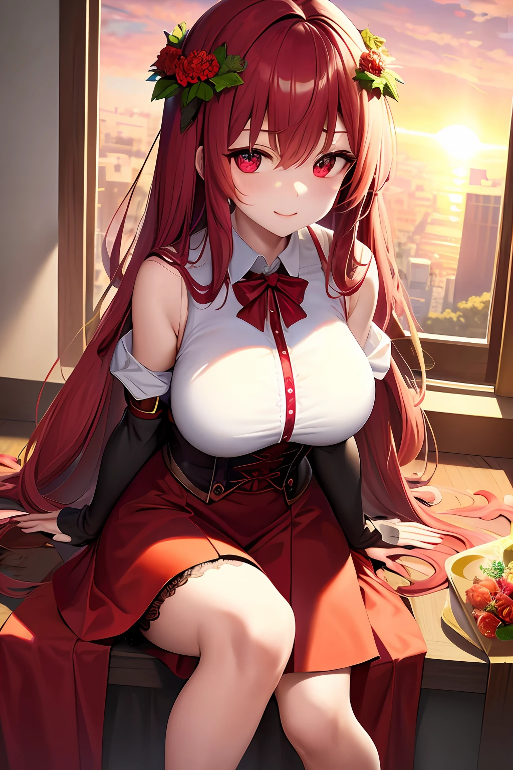 red pupils，The expression is cold，Claret long hair，Dull hair，1个Giant Breast Girl，ssmile，Lace wreath on the legs，setting sun，火焰，in a panoramic view，