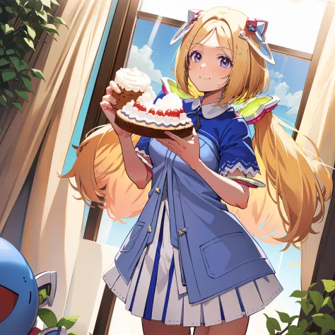 aki rosenthal, detached hair, long hair, low twintails, headgear, collared dress, short dress, blue jacket, short sleeves, femenine room environment, low kinky smile, sunset ambient, Holding a birthday cake, microskirt, stand, low angle view