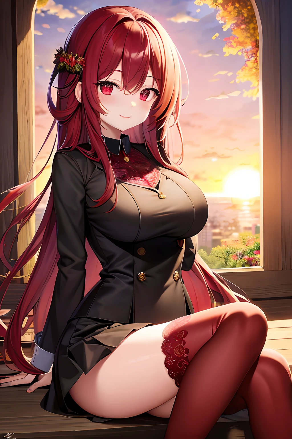 red pupils，The expression is cold，Claret long hair，Dull hair，1个Giant Breast Girl，ssmile，Lace wreath on the legs，setting sun，flame，in a panoramic view，