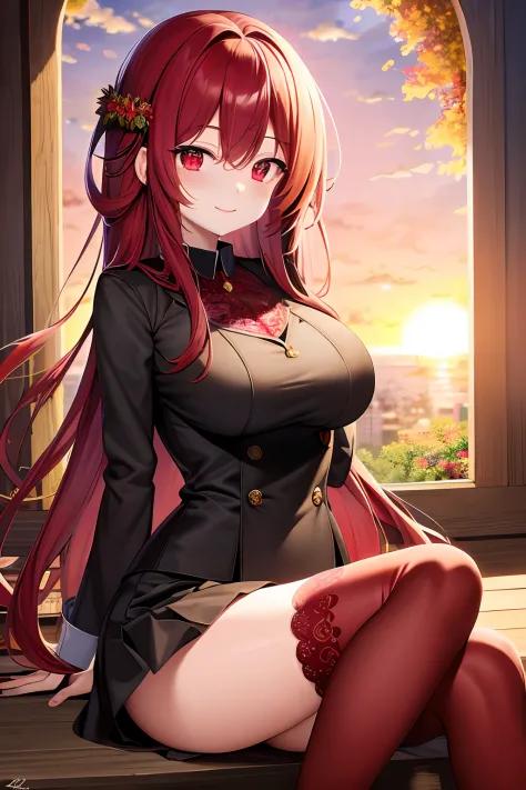 red pupils，The expression is cold，Claret long hair，Dull hair，1个Giant Breast Girl，ssmile，Lace wreath on the legs，setting sun，火焰，i...