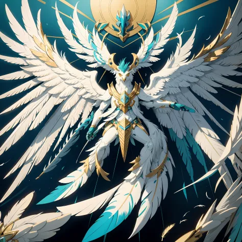 gryphon, white and navy feathers, wings are mecha with sea-green tips, vivid blue armor with gold markings , best quality, maste...