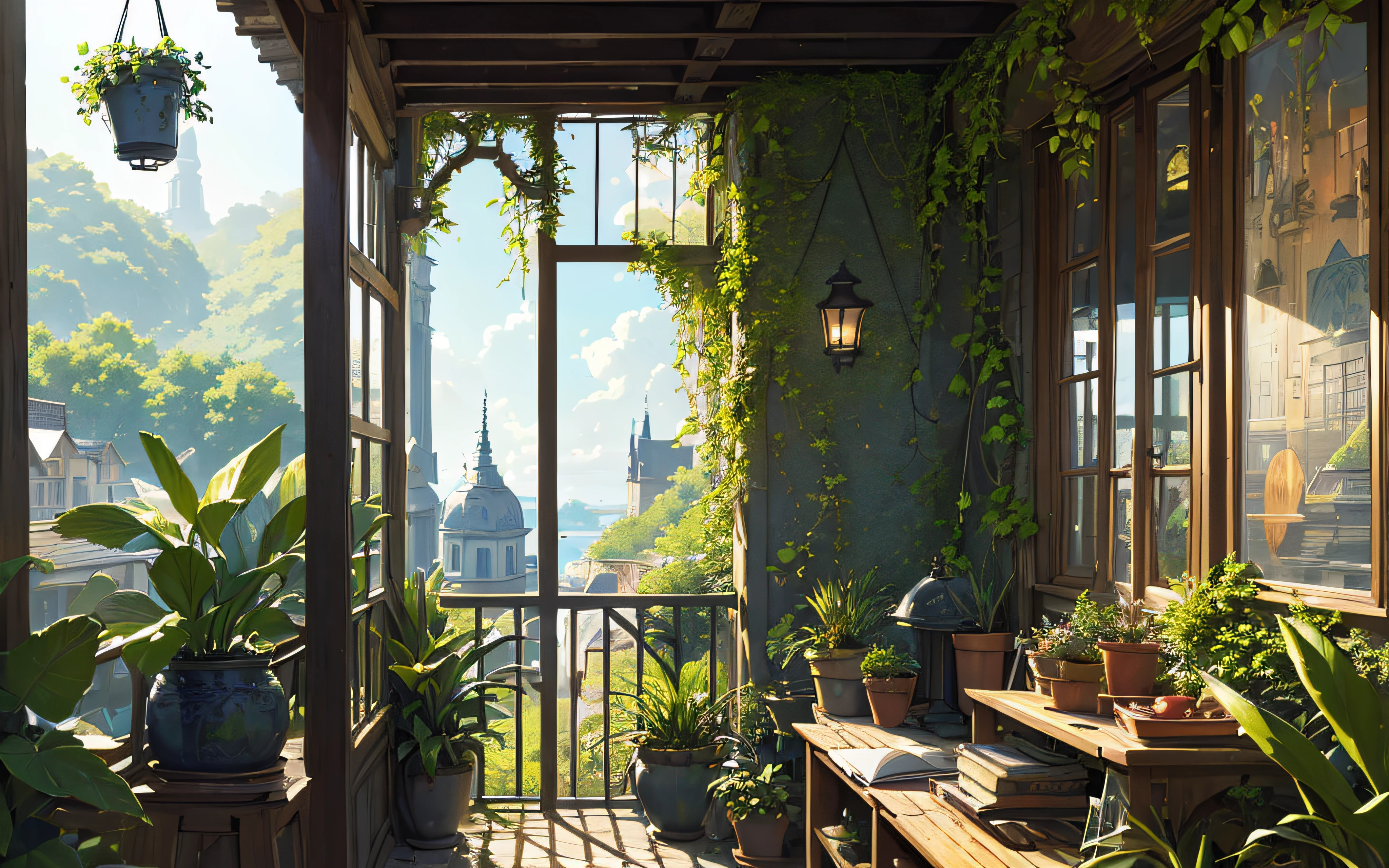 (micro-landscape:1.5),(best quality), ((masterpiece)), (highres), illustration, original, extremely detailed wallpaper, no humans, window, scenery, plant, water, potted plant, outdoors, building, door, house, flower pot, day, lily pad, chair, flower, table, stairs, watermark, hat, tree, sunlight, pond, grass, indoors, reflection, lamp, balcony, black headwear, bush, sky, railing, desk, open window, shelf, leaf, book, web address, copyright name, ladder, architecture, shadow, solo, dated, vines, vase, city, cafe, lantern, bucket, ruins, bench, shop, signature, moss, boat, barrel, river,