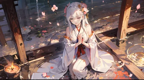 white-haired, japanese shrine maiden, shrine, doa, cherry blossoms, graceful, serene, flowing white robe, spiritual connection, ...