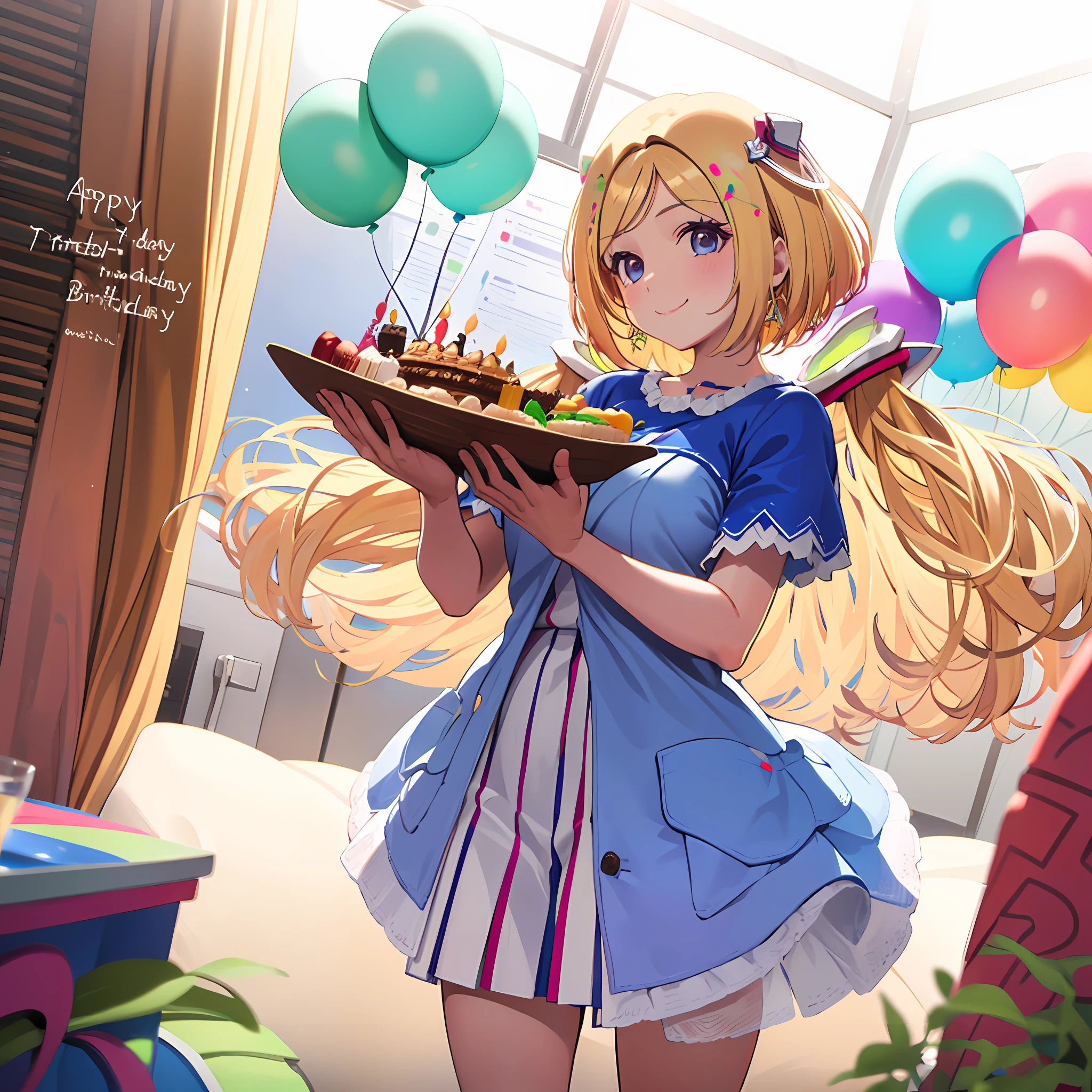 aki rosenthal, femenine room environment, low kinky smile, sunset ambient, Holding a birthday cake, stand, low angle dynamic view, birthday, party