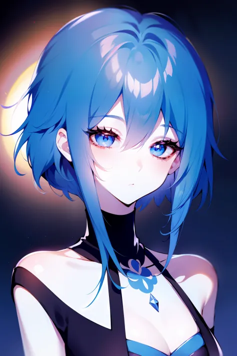 Girl avatar，k hd，4K，face expressionless，style of anime，sideface，white backgrounid，blue hairs