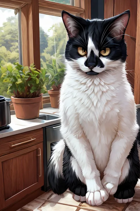 Leo, black and white cat, wearing only a yellow apron, standing upright, looking annoyed, cute paws for hands, in a kitchen, high quality, high resolution, upper body shot, portrait