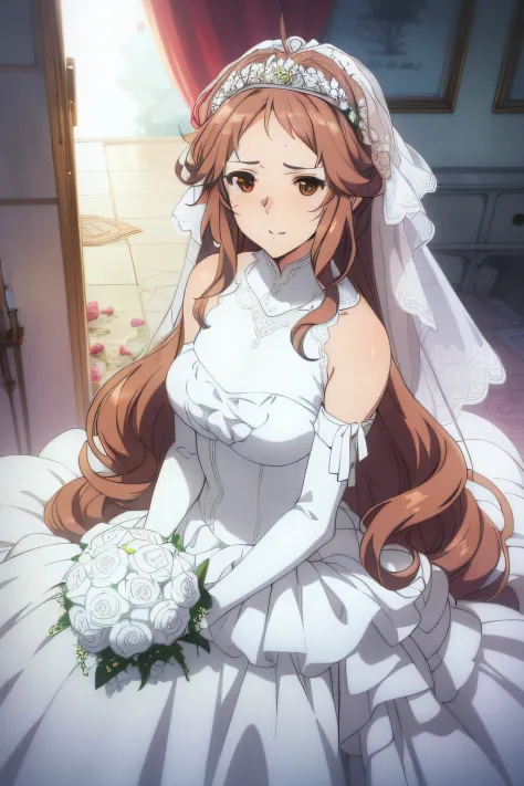 (((Best quality))), ((Ultra-detailed)), ((illustration)), ((Disheveled hair)), ((frilld)), (1 girl), (Solo),(Wedding_dress:1.2),...