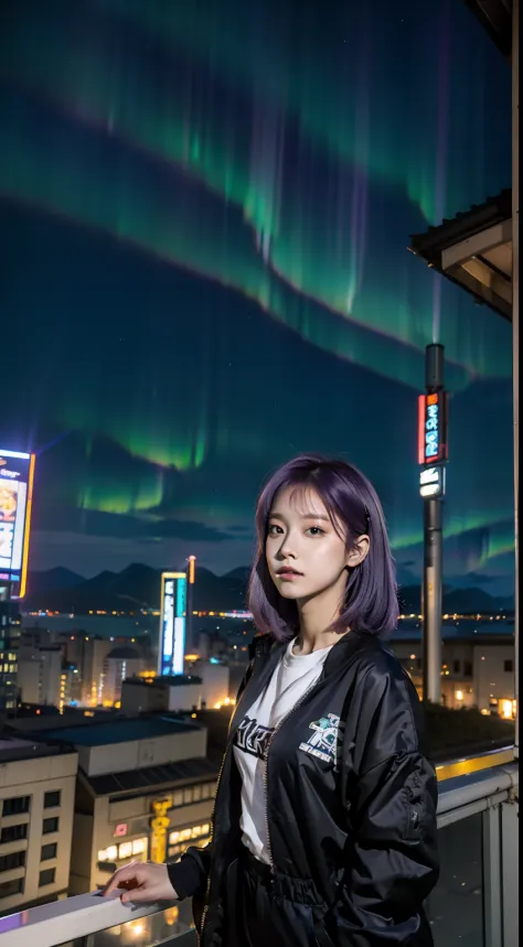 (best quality, masterpiece), 1girl, watching aurora borealis, neo tokyo background, half body, with streetwear urban , purple hair