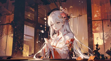 White-haired, Japanese shrine maiden, Shrine, DOA, Cherry blossoms, Graceful, serene, Flowing white robe, spiritual connection, ...