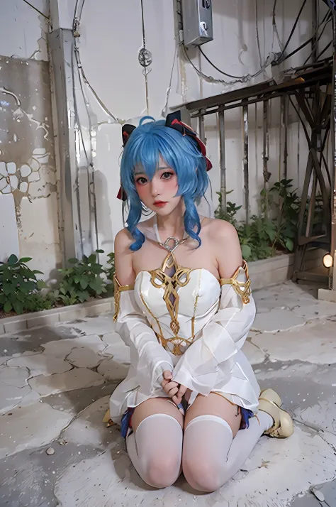 On the ground sits a woman in a cosplay costume，Anime girl cosplay， Anime cosplay， the original god，Sweet rain，kneeling to sitting on the ground
