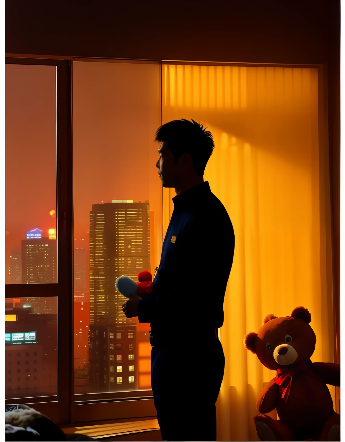 35岁中国胖子，身高180cm，体重 90kg，抱着泰迪熊, 轮廓，透过落地窗，透过窗户看城市的夜晚，凸显凄凉的气氛，角色脸型要高清