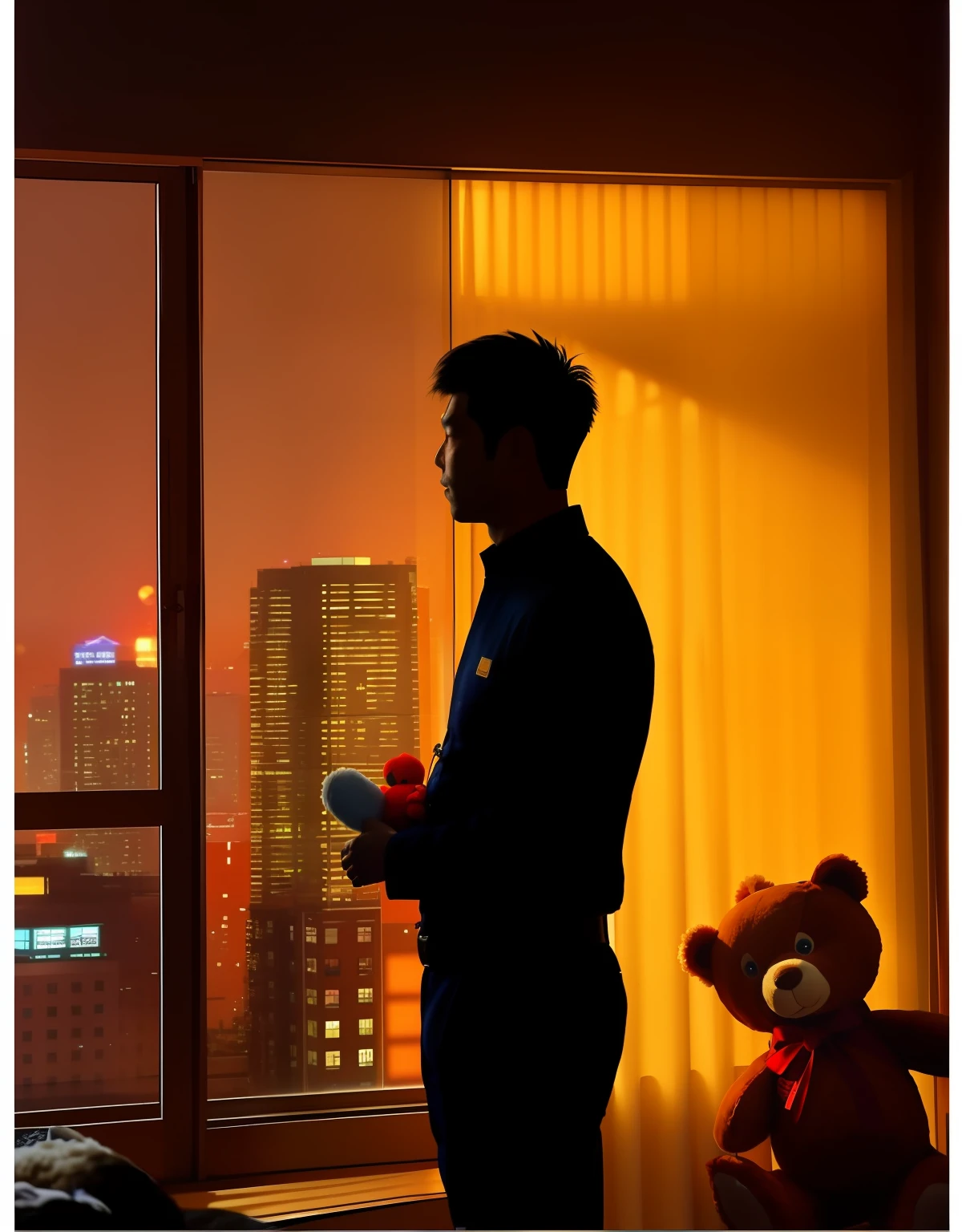 35 years old Chinese fat，180cm tall，Weight 90kg，holding teddy bear, Silhouette，Through floor-to-ceiling windows，Look out the window at night in the city，Highlight the bleak atmosphere，The face shape of the character should be high-definition