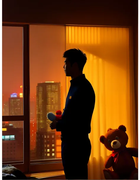 35 years old Chinese fat，180cm tall，Weight 90kg，holding teddy bear, Silhouette，Through floor-to-ceiling windows，Look out the win...