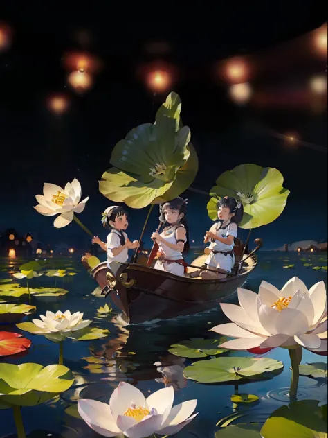 a group of children，holding the boat，secretly picking white lotuses