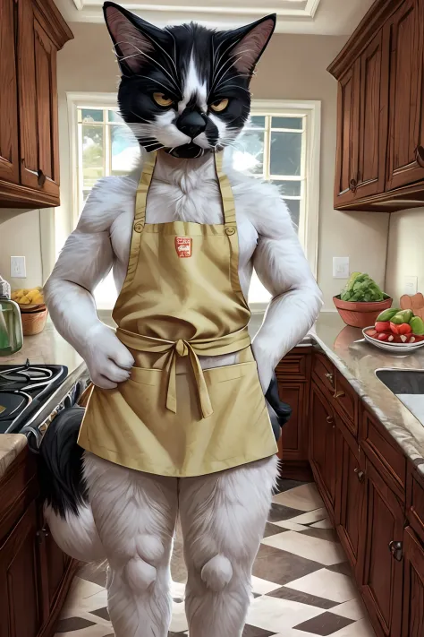 Leo, black and white cat, wearing only a yellow apron, standing upright, looking annoyed, cute paws for hands, in a kitchen, high quality, high resolution, upper body shot, portrait, (black lower lip:1.2)