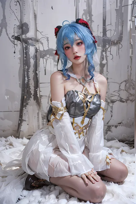 On the ground sits a woman in a cosplay costume，Anime girl cosplay， Anime cosplay， the original god，Sweet rain，kneeling to sitting on the ground，blacksilk，white  skirt，cropped shoulders，Lace chest