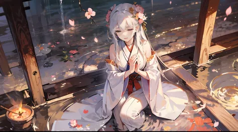 white-haired, japanese shrine maiden, shrine, doa, cherry blossoms, graceful, serene, flowing white robe, spiritual connection, ...