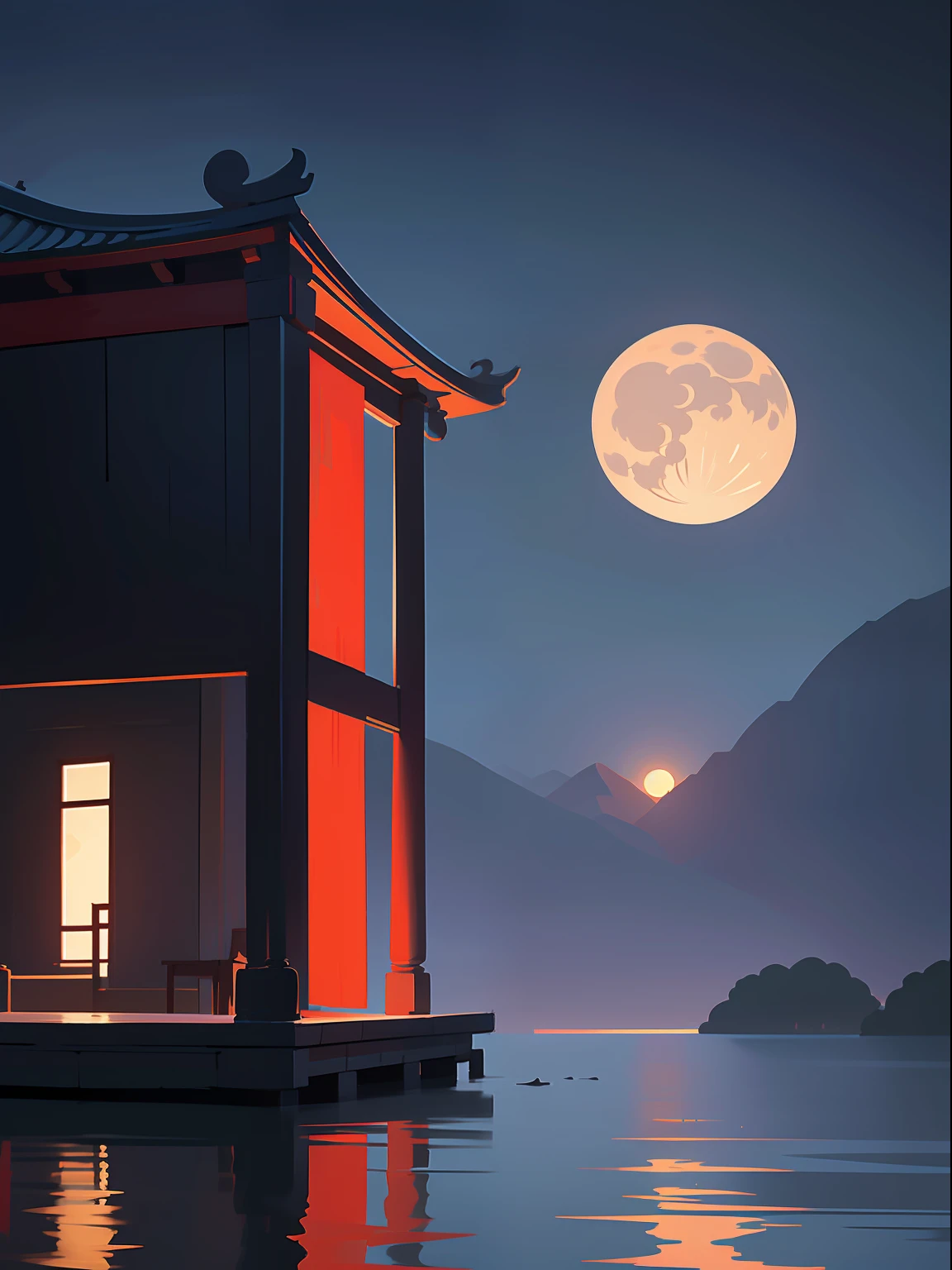 Minimalist illustrations of Chinese ladies, classical, Chinese Zen, minimalism, Chinese animation, Tang dynasty, landscape painting, red and classical blue gradient, a night scene with one people walk through a Chinese porch, water reflection ,moon, zen-like tranquility