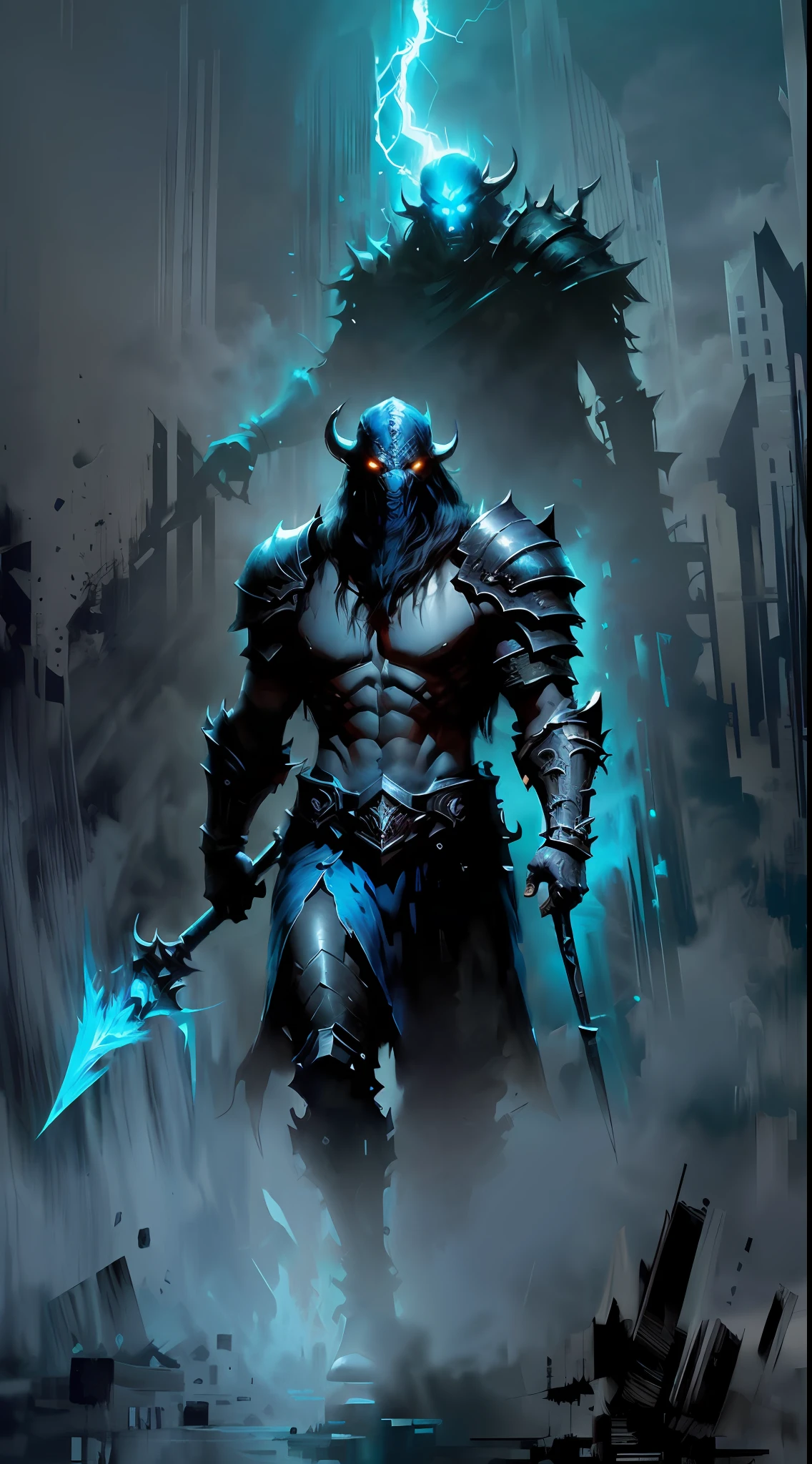 mejor calidad, obra maestra, Noche, tormenta, Hay un gran monstruo con una cabeza enorme y un cuerpo enorme parado en un gran pozo en el suelo, Su rostro brilla con luz azul, Arte conceptual de Demon Souls, arte conceptual oscuro, Diablo digital concept art, Dota 2 concept art, arte conceptual dramático, Concepto de almas oscuras, Diablo concept art, Ilustración de fantasía ominosa, arte conceptual del monstruo, arte conceptual de la liga de leyendas, Arte conceptual del juego Riot, arte conceptual de fantasía oscura, Concepto de almas oscuras art, Negro y azul, dibujado por Nguyen Jia,