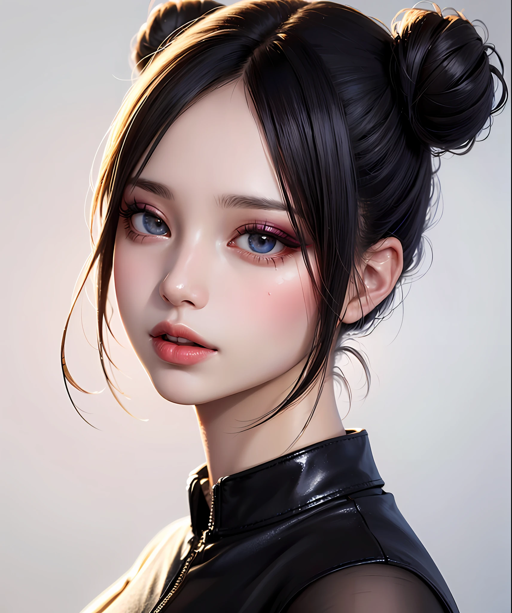 masterpiece, best quality, 8k, beautiful face, high detailed skin,hyper detailed,ultra high res, photorealistic, high resolution, ,lens flare, (Top knot bun:1.5),(same makeup for both eyes:1.5),perfect face,ralistic eyes, detailed lighting, detailed eyes,detailed skin, detailed shadows,ralistic skin,(opened mouth:1.02), (closed eyes:0.9),no make-up,,looking_at_viewer,upper body