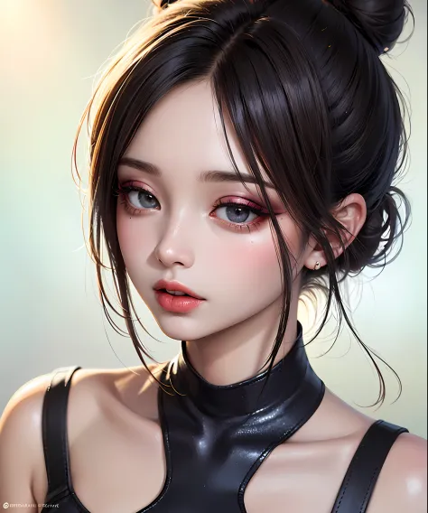 masterpiece, best quality, 8k, beautiful face, high detailed skin,hyper detailed,ultra high res, photorealistic, high resolution, ,lens flare, (Top knot bun:1.5),(same makeup for both eyes:1.5),perfect face,ralistic eyes, detailed lighting, detailed eyes,d...