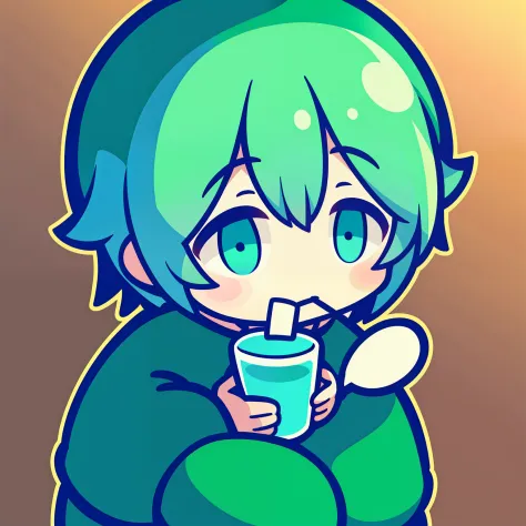 A boy drinks mint milk green