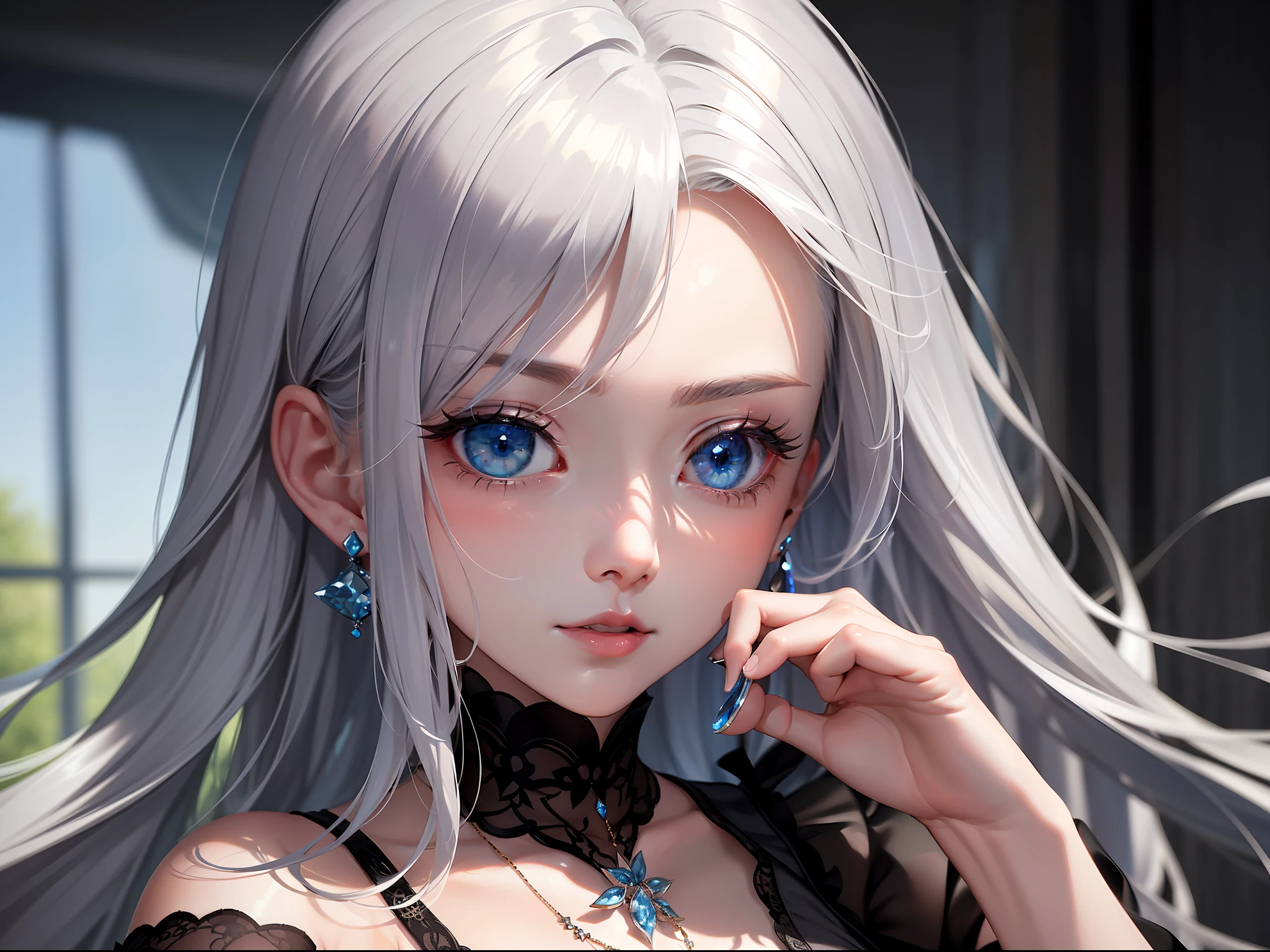 {{masterpiece}}， illustration，best quality，extremely detailed CG unity 8k wallpaper，female pervert，Top image quality ，A high resolution，1080p，（Clear face），（Detailed facial depiction），（Meticulous hand description），（tmasterpiece），（Beautiful CG），Extreme light and shadow，Messy hair，Black pupils，Pure blue eyes，A masterpiece，detail-rich，Delicate facial featureottled sunlight，Pick and dye gray hair，apathy，Kizi，female pervert，，ear jewelry，decor，Gorgeous background，red rose，