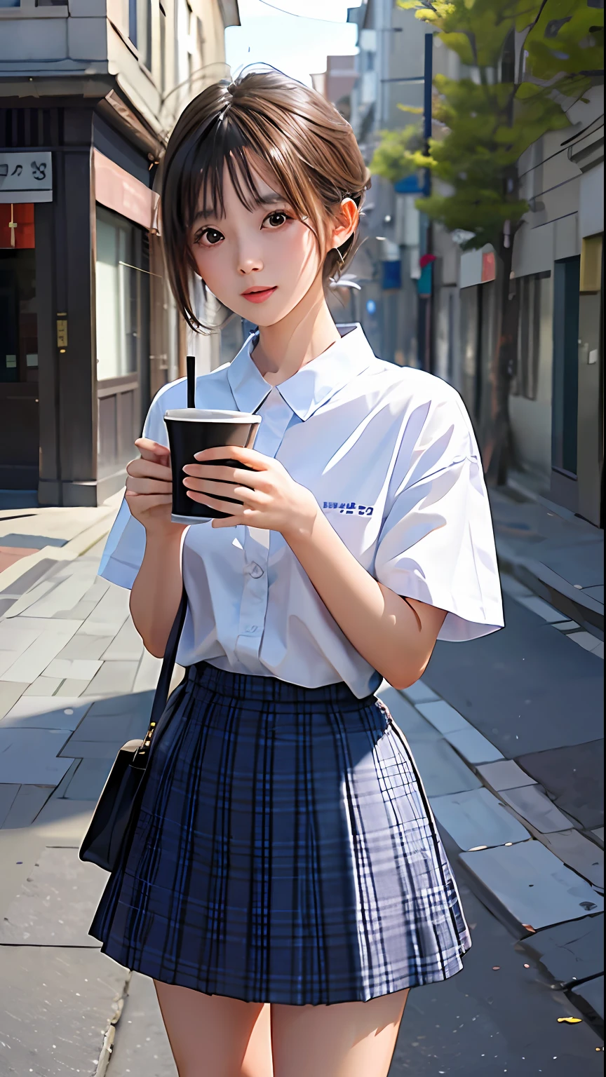 （8k，RAW photos，best qualtiy，tmasterpiece：1.2），（realisticlying，Photorealistic and realistic：1.37），Ultra-high resolution，depth of fields，color difference，Caustics，wide illumination，naturalshadow，Fuji XT3，tmasterpiece，hyper-detailing，head，Uniforms，1girll，solo，standing on your feet，looking at viewert，exteriors，the street，navel，hason，a skirt，The shirt，Large cup of milk tea in hand