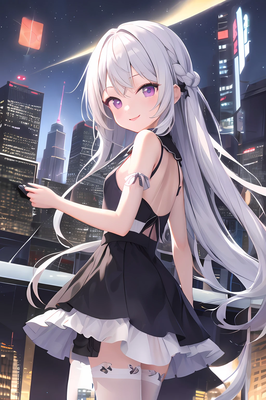 Anime girl with long white hair and black dress standing in front of the city, loli in dress, Anime girl wearing black dress, cute anime waifu in a nice dress, Best anime 4k , Silver hair (pony tails), white-haired god, anime moe art style,