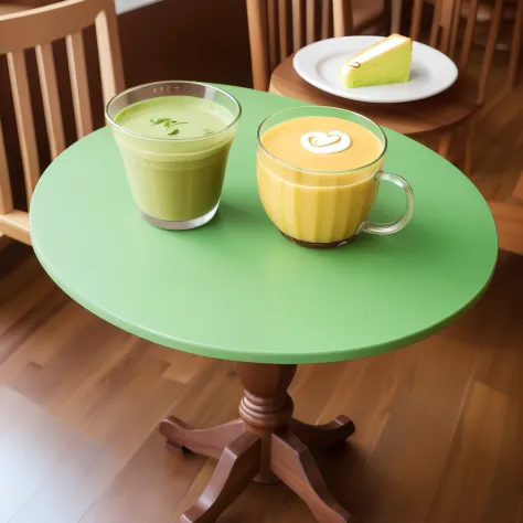 A café table with matcha cake and mint custard drinks --auto