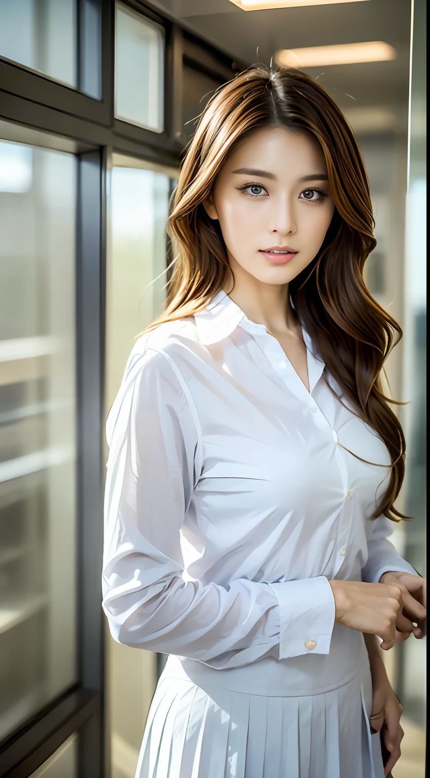 - [ ] photorealistic:1.37, masterpiece, best quality, raw photo, absurdres, uhd, 1girl, wavy hair, brown hair , looking at viewer, in the large meeting room of the office in the high tower office building in  Tokyo ,Tokyo tower,intricate detail, detailed background, detailed skin, pore, highres, hdr , presentation to ten men , beautiful model, soft light to the face,JP_MODELS , a 30 yo woman ,((white uniform shirts))