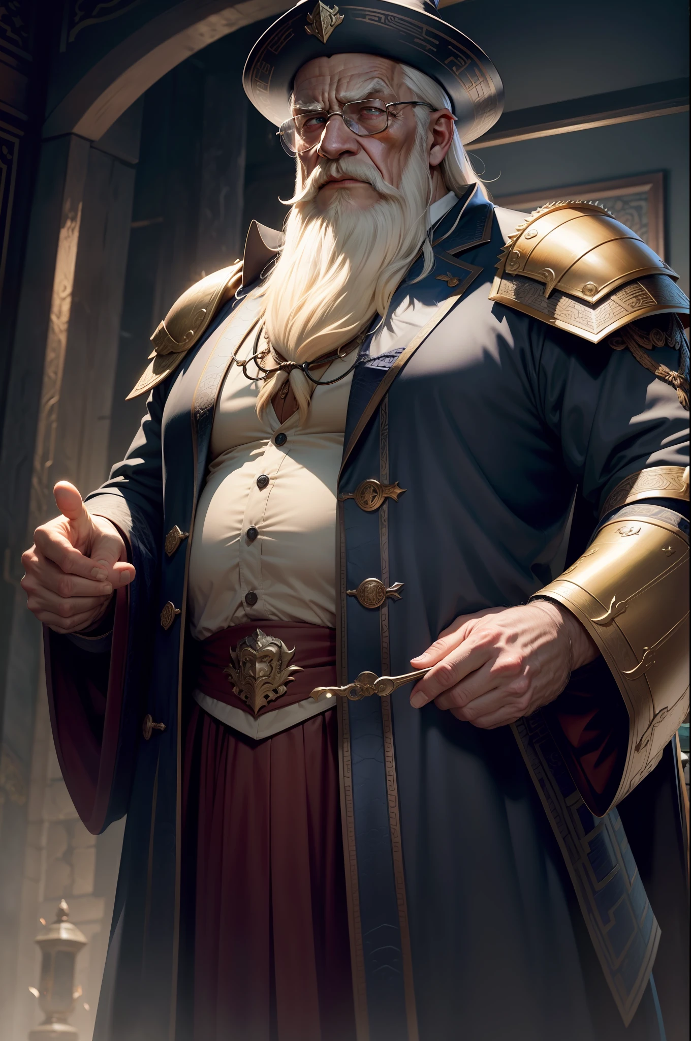 dumbledore，a old man，Big chest，wearing an outfit，Wearing Chinese dragon ...