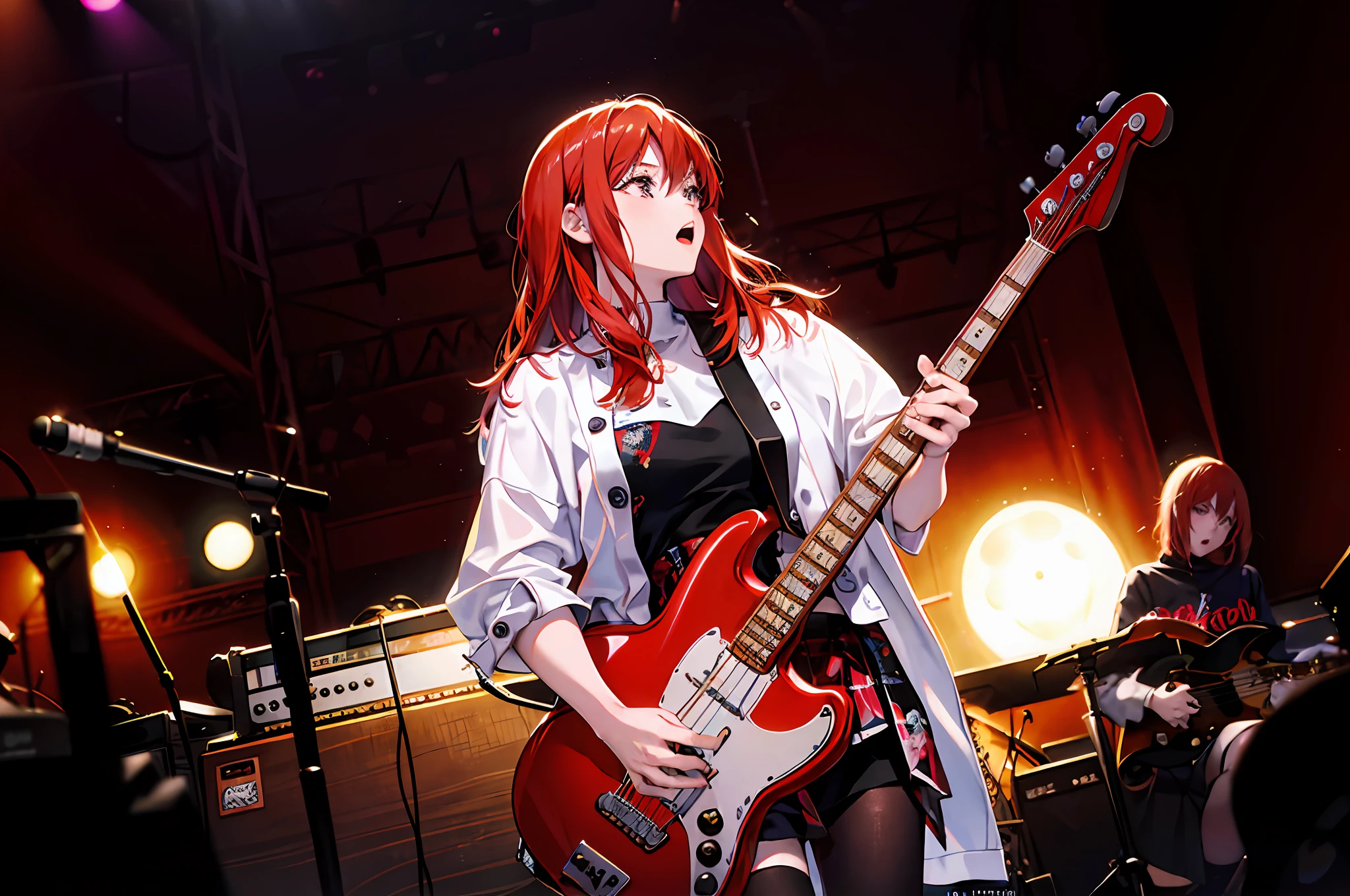 Alafi plays guitar on stage，There are other musicians in the background, bassist, corinne day, live concert photography, playing guitar onstage, marin kitagawa, Simsbo, Shouko Nishimiya, Noel Stevenson, charlie bowater, dreamy rock girl, 2 0 1 0 s, 2010s, concert photo, concert photography